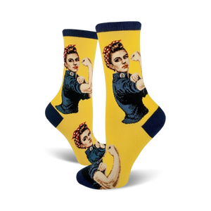 crew-length women's socks featuring rosie the riveter in a red bandana and blue work shirt, made from a colorful pattern.  