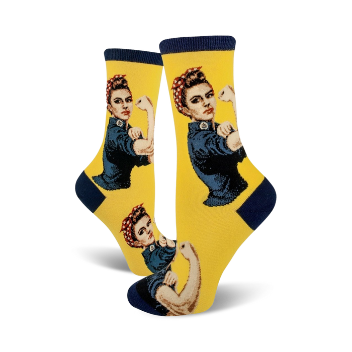 Lifestyle shot showcasing Rosie The Riveter socks on a model's feet, highlighting the socks' fit and feel.