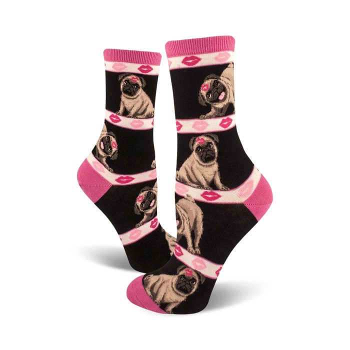black socks with pink kisses and pugs in pink lipstick. women's crew sock.   }}
