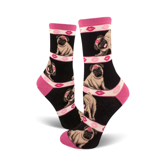 Crew socks in black with repeating images of pugs and pink lips. A fun and playful design. }}