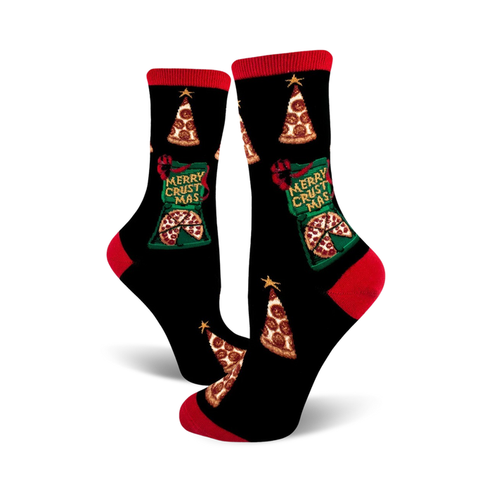 Pair of black crew socks with red cuffs. Feature pizza slice Christmas trees and 'Merry Crustmas' text. }}