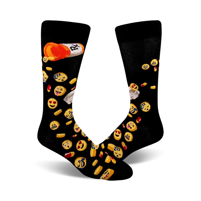 Pair of black crew socks with a fun design. Features yellow emojis, red and orange pills, and a prescription label. }}
