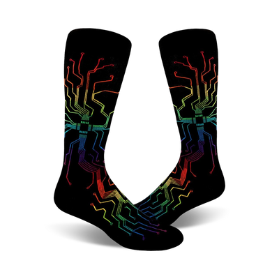 Pair of black crew socks with a rainbow-colored circuit board design. The vibrant design features rainbow colored lines and chips on a black background.