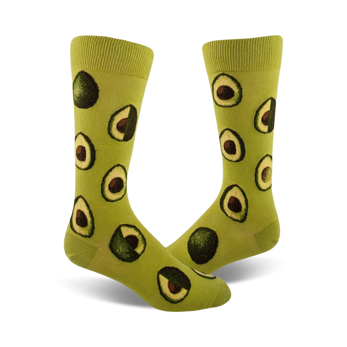 light green mid-calf socks with repeating avocado pattern. funny and unique socks for men.   }}