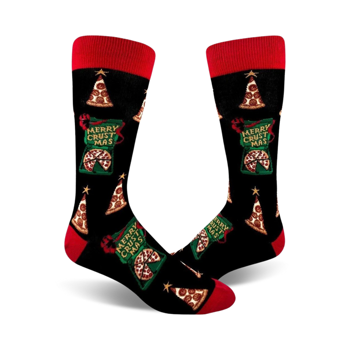 Pair of crew socks; black background with red and green pizza-themed Christmas trees and gift boxes.  Text reads 'Merry Crustmas'. }}