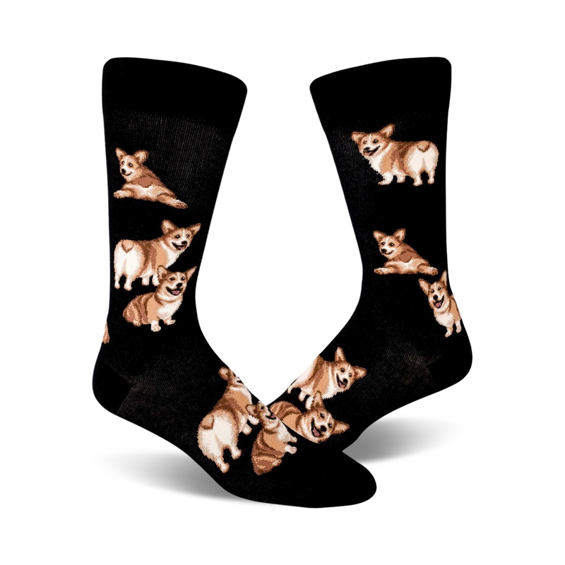 A pair of black crew socks adorned with a repeating pattern of cute corgis in various poses, some showing their fluffy butts.