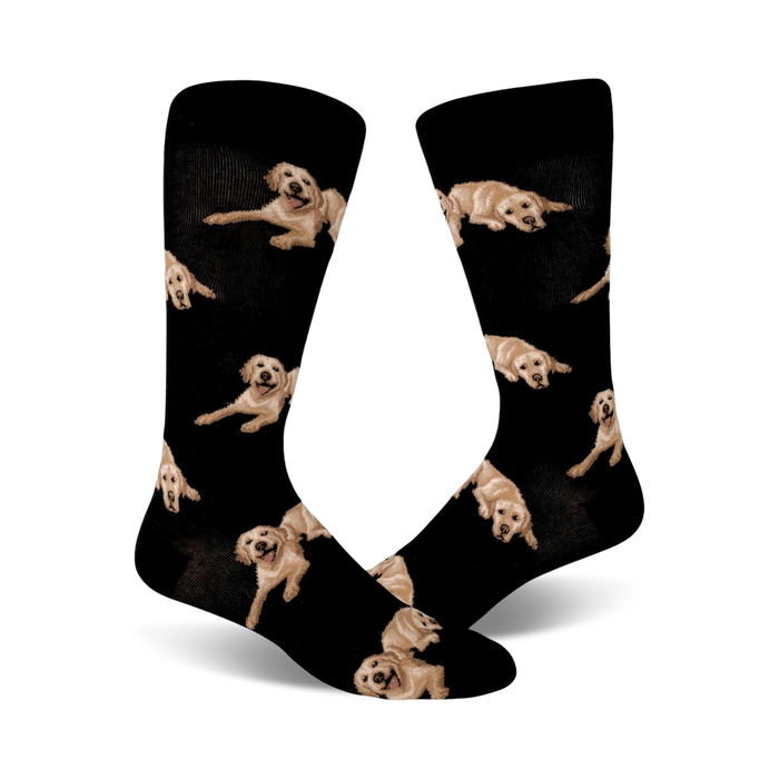 Pair of black crew socks covered in images of golden retrievers. The dogs are in various poses, and the background is solid black. }}