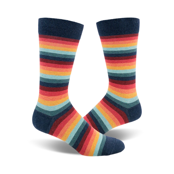 men's retro 70s crew socks: groovy horizontal stripes in blue, red, orange, yellow, green, and light blue, inspired by the psychedelic era.   }}