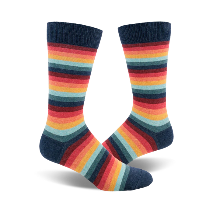 Pair of Retro 70s crew socks. Multicolored horizontal stripes in teal, orange, red, and navy. }}