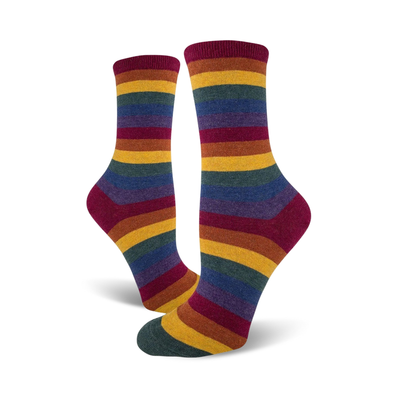 Pair of crew socks with multicolored stripes. Colors include maroon, gold, dark teal, and purple. The stripes are horizontally arranged.