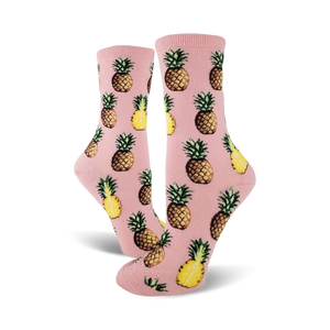pink crew socks with yellow and brown pineapple pattern.  