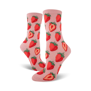 Pair of women's crew socks in pink and red, featuring a whimsical strawberry pattern.