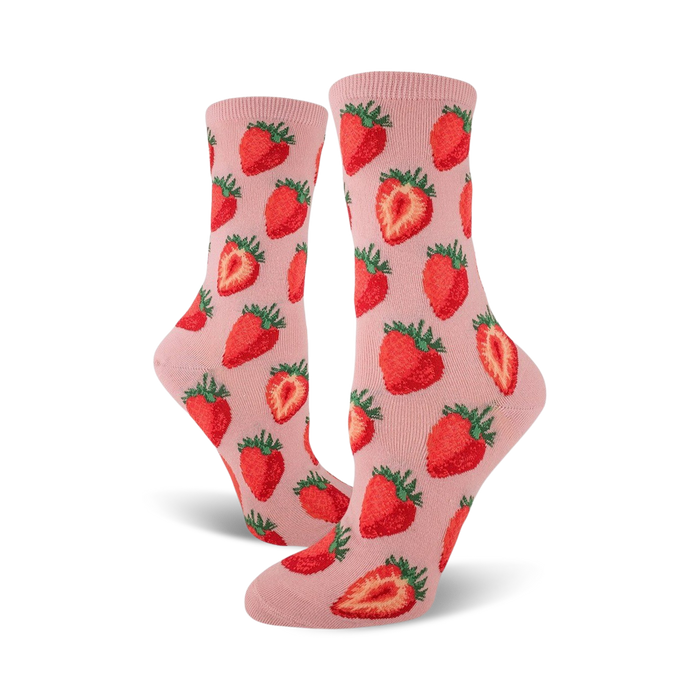 Pair of women's crew socks in pink and red, featuring a whimsical strawberry pattern.