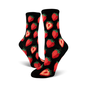 colorful black crew socks with sweet red strawberry pattern and green leaves for women.   