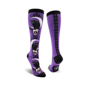 black cat moon purple knee-high socks for women with cat, skull, and crescent moon pattern.  