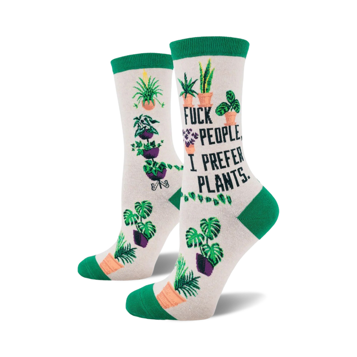 white crew socks with green cuff, potted plant pattern, and 