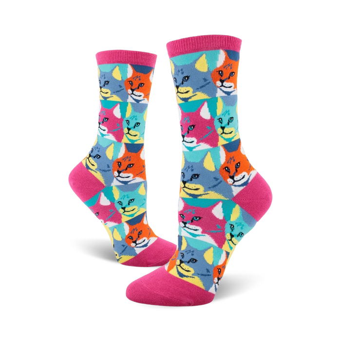 womens crew socks cartoon cat patterned, colorful sunglasses, pink background   }}