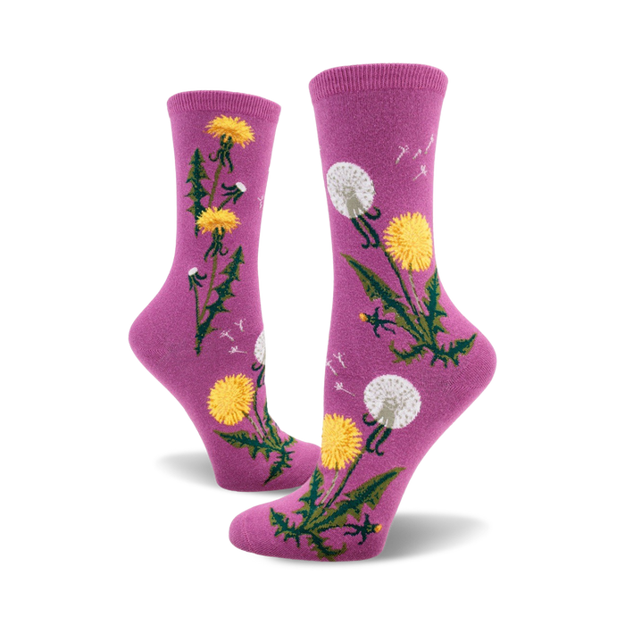 Lifestyle shot showing the mauve dandelion socks on a model's feet.