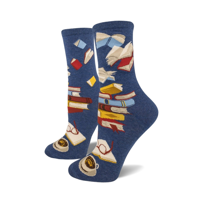 womens blue crew socks, featuring books, coffee cups, and eyeglasses pattern. art & literature themed.   