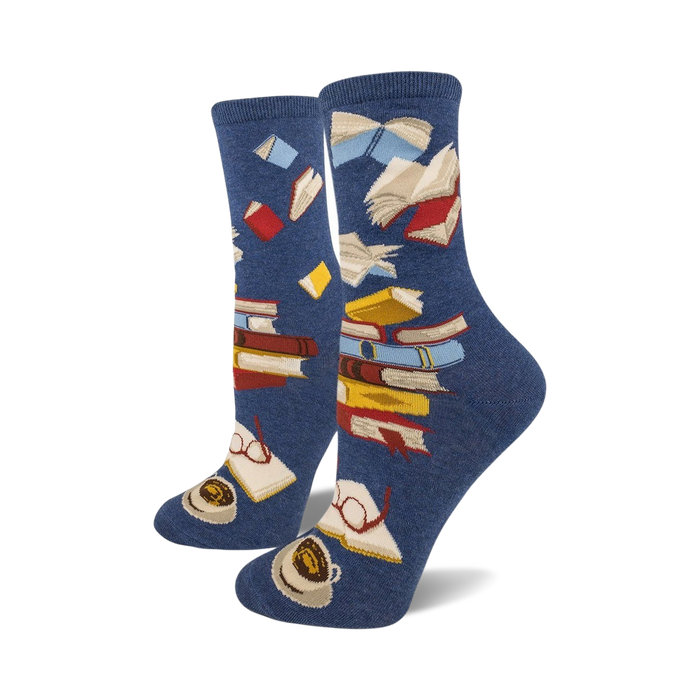 Pair of crew socks in navy blue and black, featuring a whimsical design of colorful books, coffee cups, and glasses.
