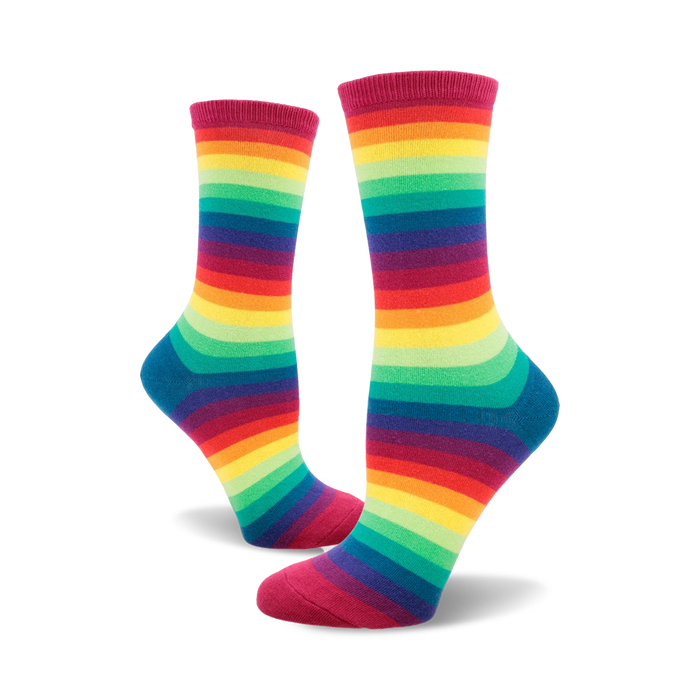 Pair of crew socks in a rainbow gradient stripe pattern. Colors include red, orange, yellow, green, blue, and purple. }}