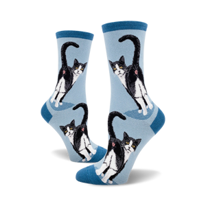 tuxedo cat butt crew socks for women - black and white tuxedo cats on blue background  
