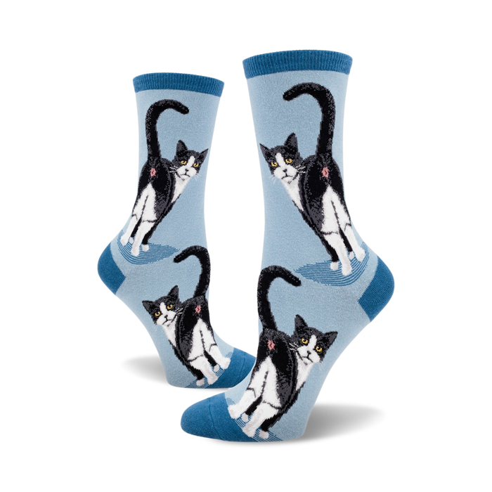 tuxedo cat butt crew socks for women - black and white tuxedo cats on blue background  