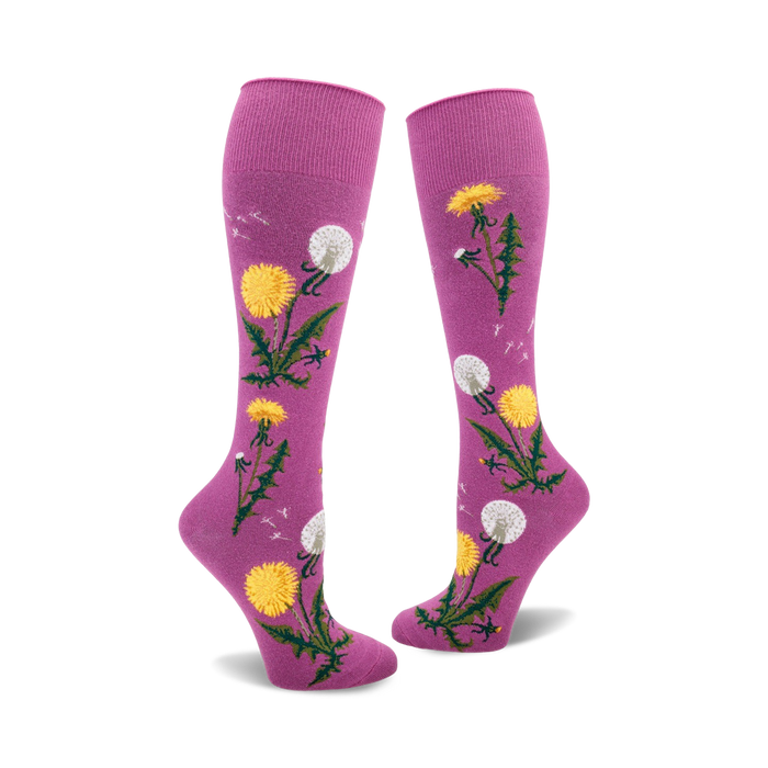 Pair of mauve knee-high socks with yellow dandelions and green stems printed on them. Some dandelions are in seed-head form.
