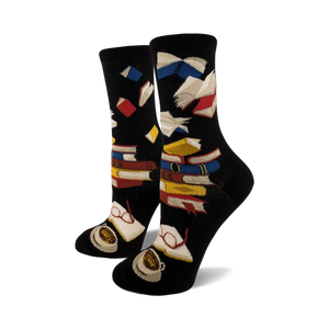 bibliophile-themed black crew socks featuring books, coffee cups, and eyeglasses in vibrant colors.   