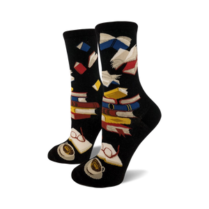 Lifestyle shot showing the black Bibliophile socks on a person's feet.