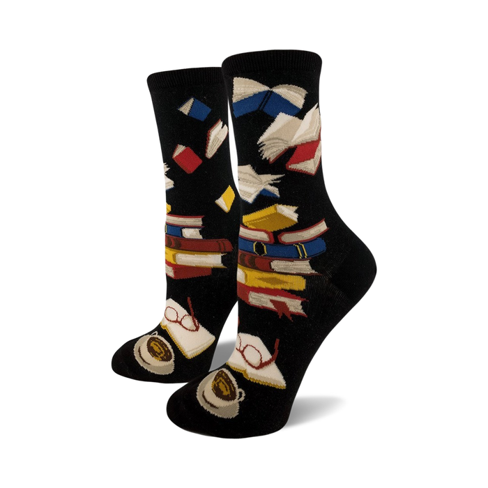 Lifestyle shot showing the black Bibliophile socks on a person's feet.