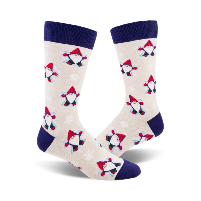 white crew socks with red and purple gnomes making snow angels in snowy landscape.    }}
