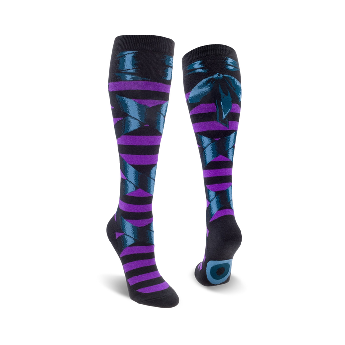 knee-high black womens socks featuring a pattern of purple and blue ballet slippers with ribbons.   }}