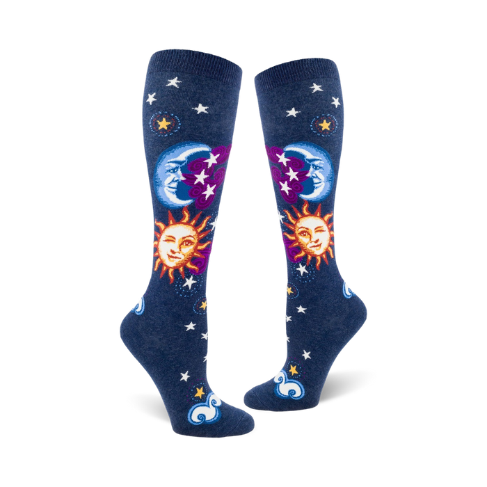 blue women's knee-high celestial socks with white star, moon, and cloud pattern    }}