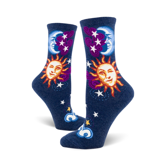 crew length celestial socks for women featuring suns, moons, stars, and clouds in bright colors with smiling faces.    }}
