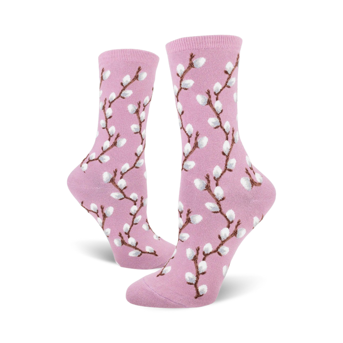pink crew socks for women with a playful pattern of brown branches and white buds, inspired by pussy willows.   