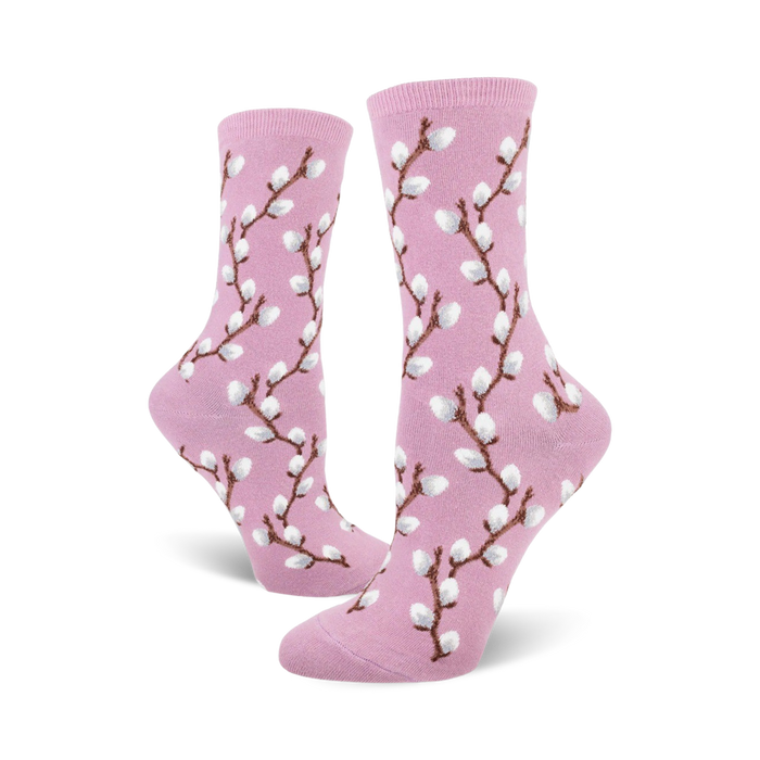 Pair of women's crew socks in pink and light brown, featuring a repeating pattern of pussy willow branches.