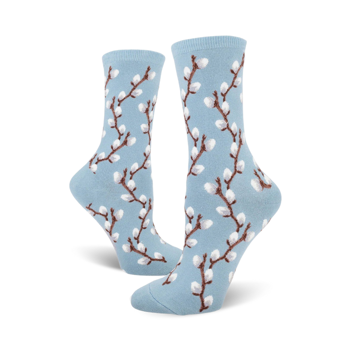 pussy willow women's floral crew socks: light blue socks with brown branches and white buds for a blooming spring pattern.   