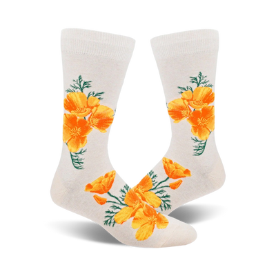 Pair of off-white crew socks featuring a repeating pattern of bright orange California poppies and green leaves.