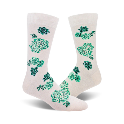 Pair of cream crew socks adorned with teal and green succulent plants. A fun and quirky design.
