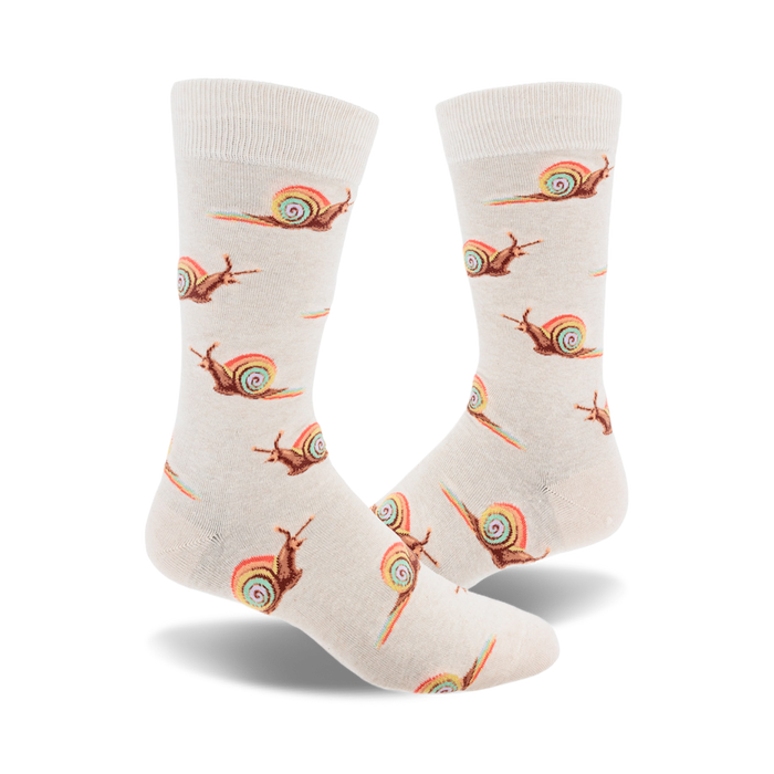 socks that are white with a pattern of snails with rainbow shells. }}