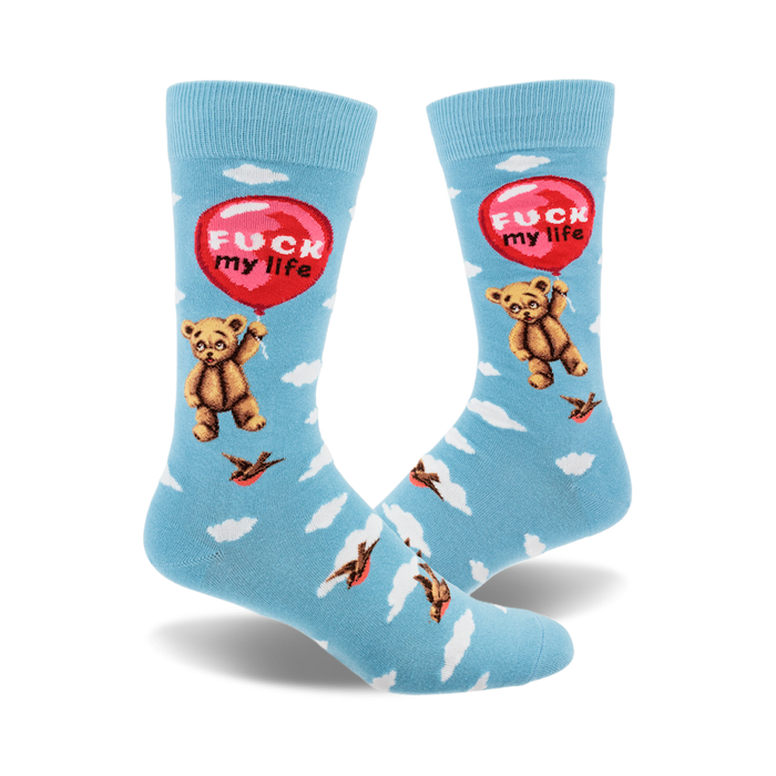 Crew socks in light blue with a teddy bear holding a 'Fuck My Life' balloon, surrounded by clouds and birds. Funny and slightly dark design. }}