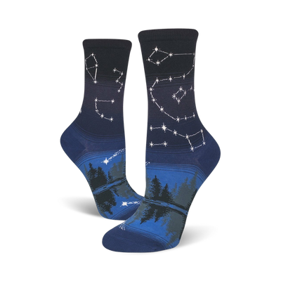 Pair of crew socks in navy blue and dark grey. Features a night sky design with constellations and a forest reflection.
