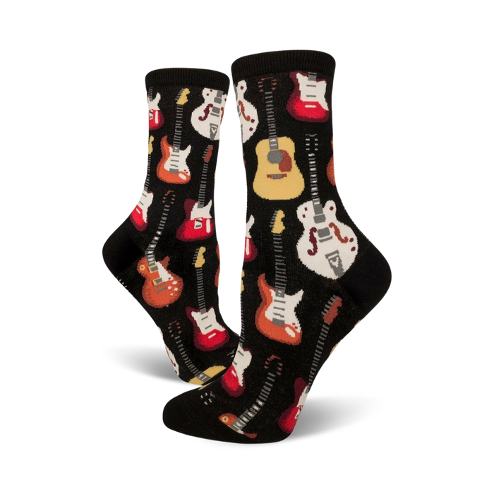 black crew socks with colorful electric, acoustic, and bass guitar patterns.    }}