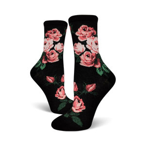 black crew socks with bright pink rose pattern, green stems and leaves, perfect for women who love flowers and romance. <br> 