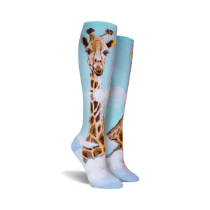 Close-up shot of the giraffe knee-high socks, highlighting the detail of the giraffe's face and pattern.