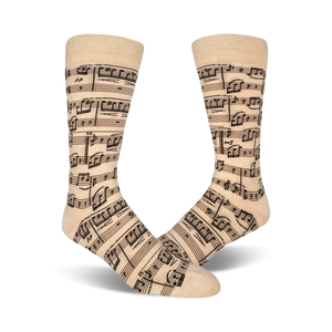 beige crew socks with black musical note pattern, perfect for any music lover  