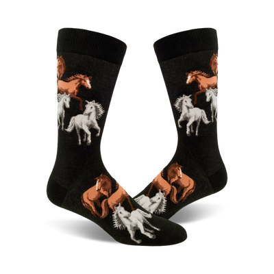 A pair of black crew socks with a pattern of brown and white horses. The horses are depicted in a playful, slightly whimsical style.
