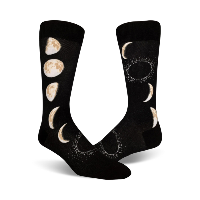 black crew socks with multi-color moon phase pattern and small white speckles. men's size.    }}