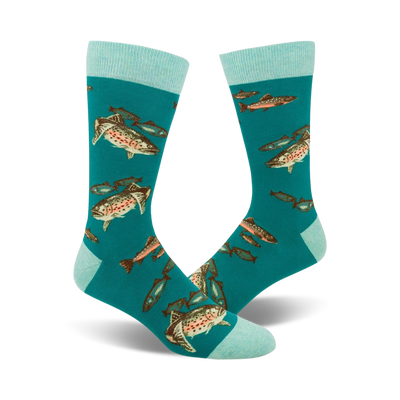 Pair of teal crew socks with a whimsical design of trout and other fish. Light teal cuffs complete the look.